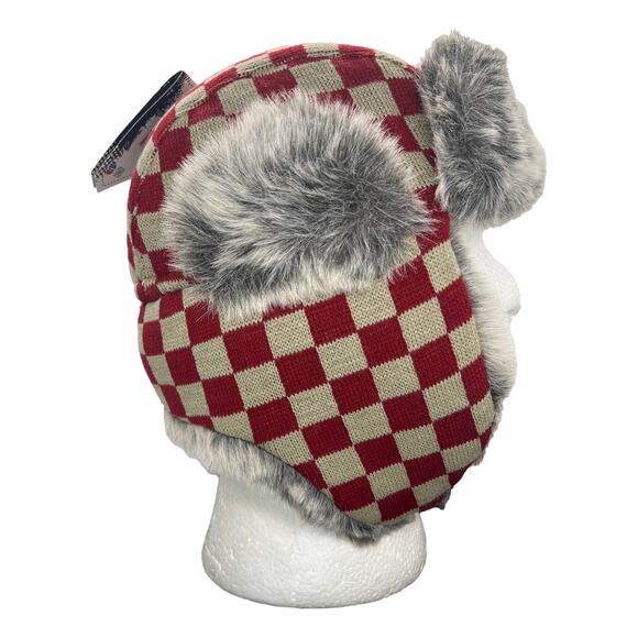 Red Checkered Aviator Hat Faux Fur Winter Ski Trooper Trapper Ear Flap Cap - Picture 4 of 6